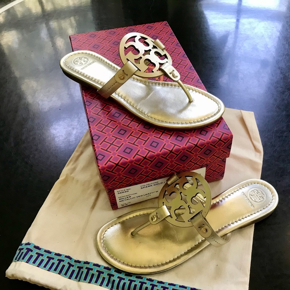 Tory Burch Miller Metallic Leather gold sandals, size 9.5